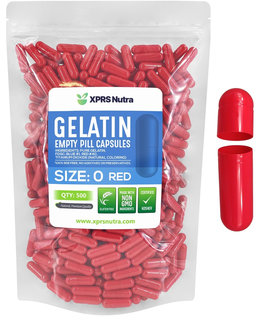 XPRS Nutra Größe 0 Leere Kapseln - 500 Graf Leere Gelatine Kapseln - Pillen DIY Kapsel Füllung - Pure Bovine Füllbare Pille Gel Kapseln für Do-It-Yourself Ergänzungen (Red)