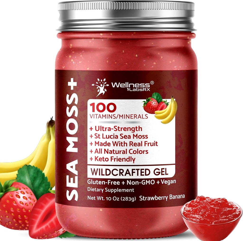 Gel de mousse de mer d'Irlande crue - Gel de maraîche de haute qualité - Fraise Banana Saveur, vitamine et minéral-Rich de Pristine Caribbean Waters, Immune et Digestive Health Support - 10 oz.