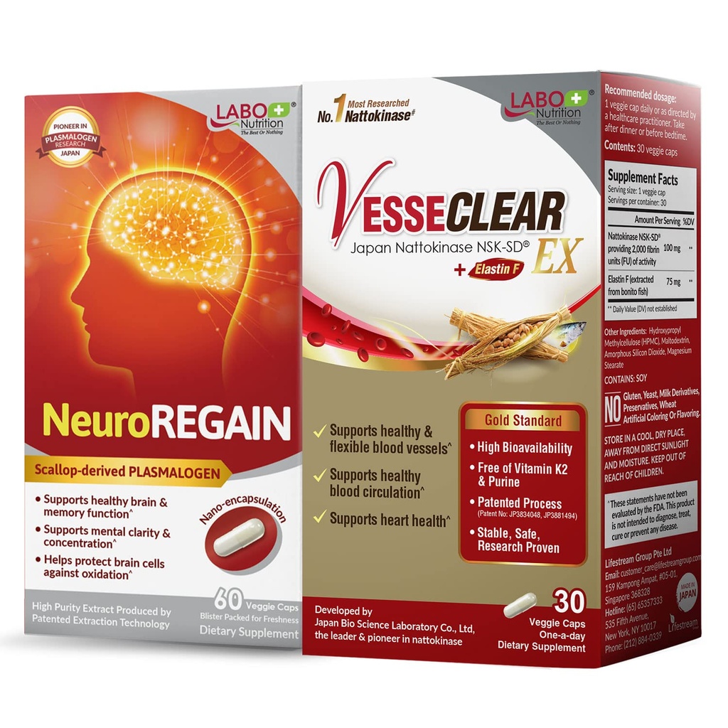 LABO Nutrition VesseCLEAR EX + NeuroREGAIN: Nattokinase NSK-SD, Elastin F für saubere und flexible Blutgefäße, Herz-Kreislauf- & Zirkulationsunterstützung, Scallop-derived PLASMALOGEN für Hirnverschlechterung