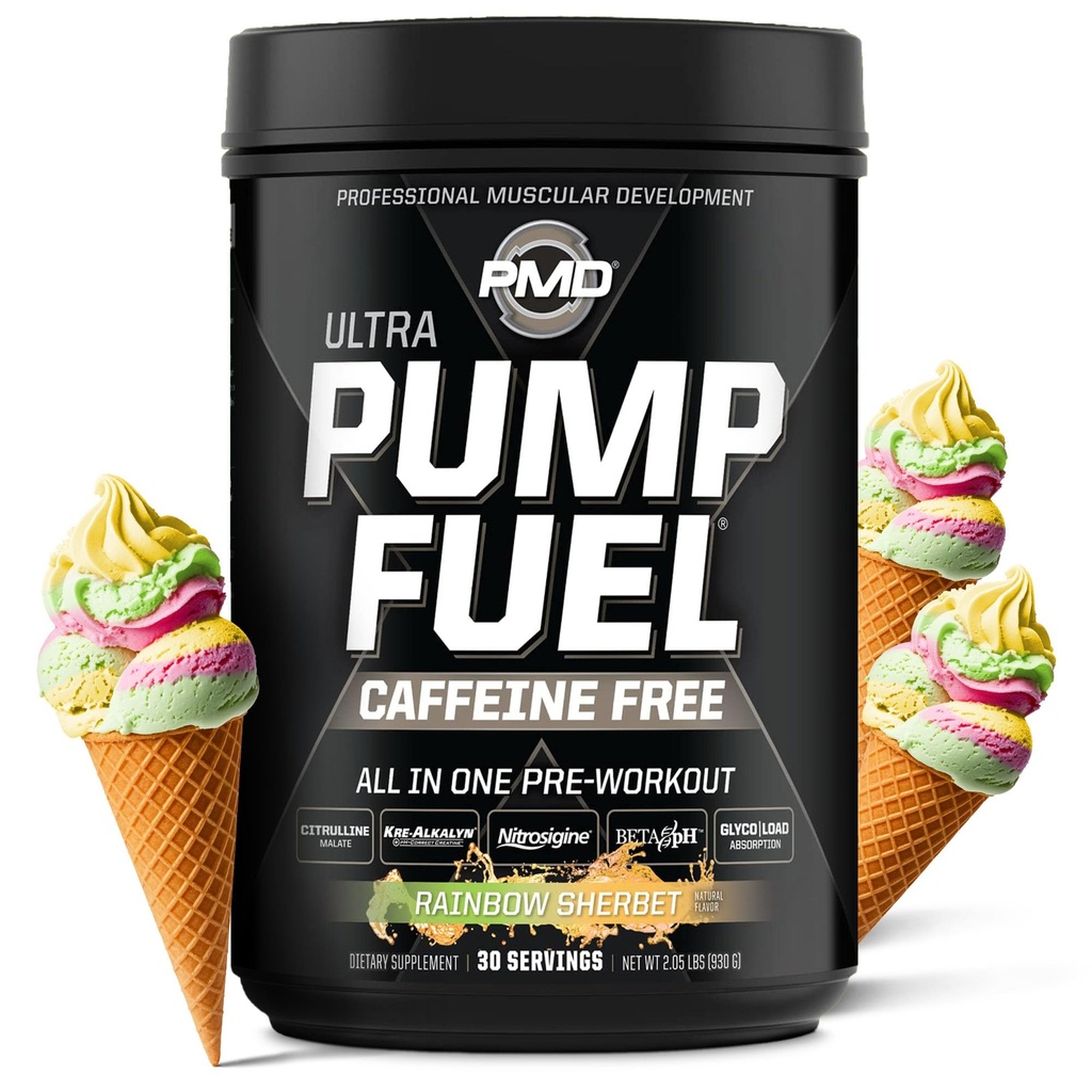 PMD Sportpumpe Fuel Ultra Caffeine Free - Premium Pre Workout Powder & Muskelpumpe, Großer Fokus, Endurance & Recovery, Premium Creatine, Arginine & Beta Alanine - Rainbow Sherbet (30 Portionen)