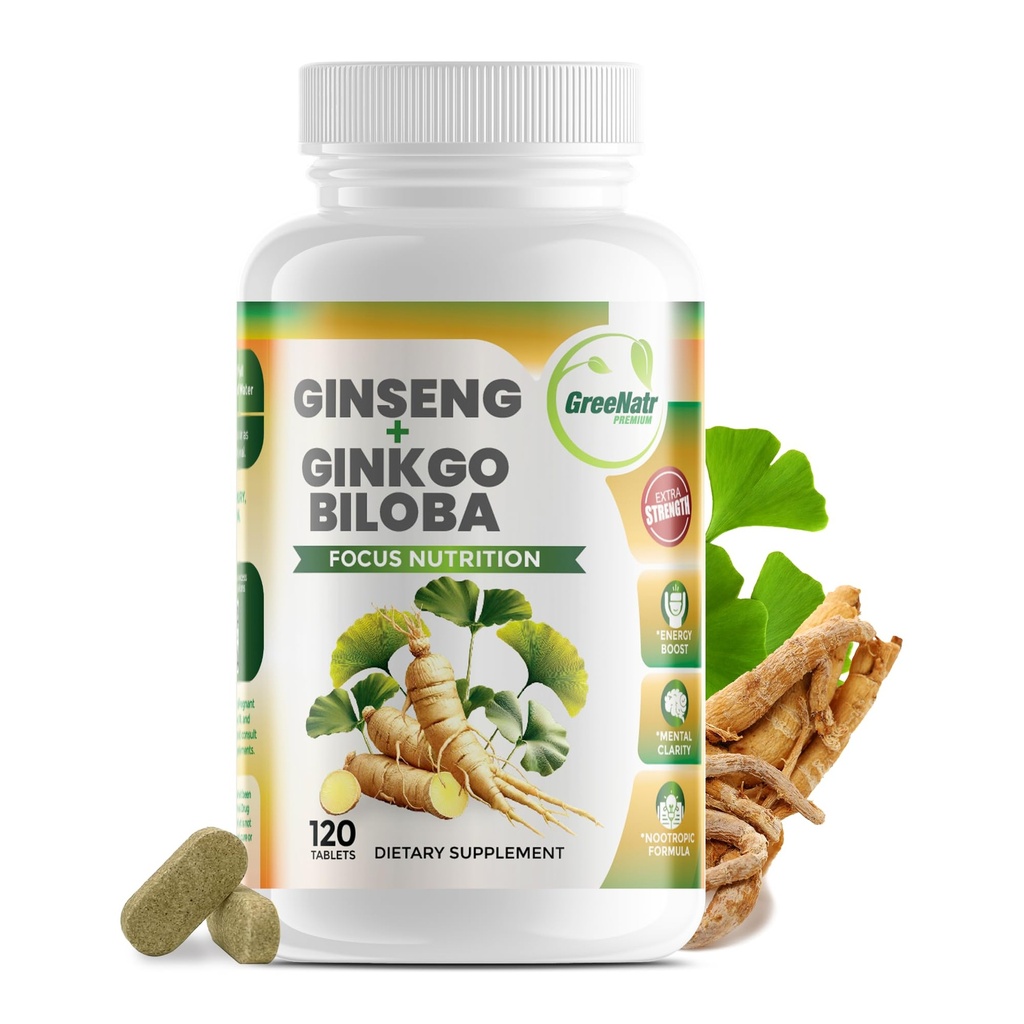 GreeNatr Ginko Biloba & Panax Ginseng Supplement - Red Ginseng Brain Supplement für Gedächtnis und Fokus - Ginkgo Biloba Ergänzungen für gute Vision, Immunsystem und verbesserten Blutfluss - 120 Tabletten