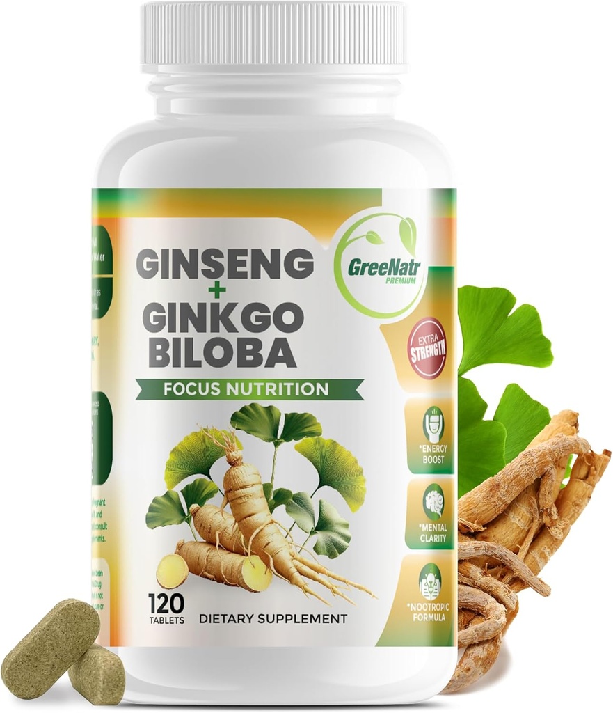 GreeNatr Ginko Biloba & Panax Ginseng Supplement - Red Ginseng Brain Supplement for Memory and Focus - Ginkgo Biloba Supplements for Good Vision, Immune System and Improved Blood Flow - 120 Tablets