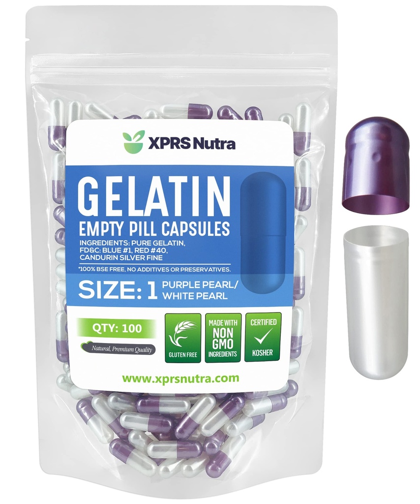 XPRS Nutra Größe 1 Leere Kapseln - 100 Count Leere Gelatine Kapseln - DIY Kapsel Füllung - Pure Bovine Pill Gel Kapseln für Do-It-Yourself Ergänzungen (Pearl Purple/White)