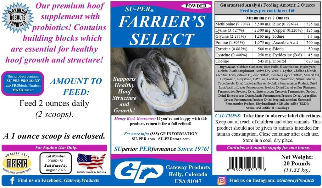 SUPER Farrier's Select Hoof Supplement - Supplément de soins haut de gamme aux probiotiques - Croissance saine des hoofs - 20 livres, 5 mois