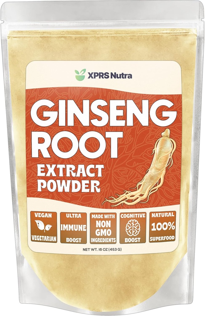 XPRS Nutra Ginseng Root Extract Powder - Ginseng Powder prend en charge la fonction cognitive, la performance physique et le système immunitaire - Vegan Friendly Panax Ginseng sous forme de poudre (16 once)