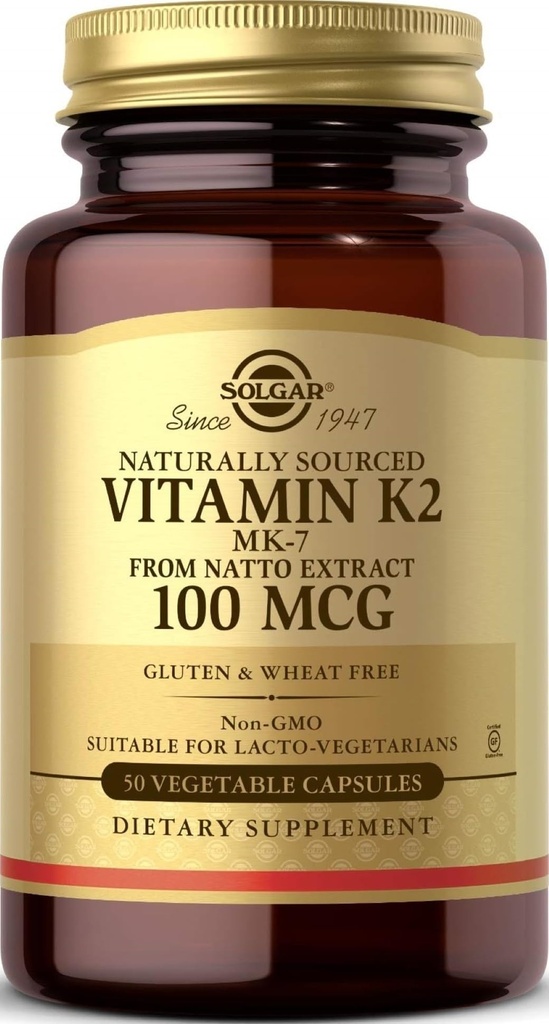 Solgar Naturally Sourced Vitamin K2 (MK-7) 100 mcg - 50 pflanzliche Kapseln, Packung mit 2 - Unterstützt Knochengesundheit - Ganze Nahrungsquelle aus Natto-Extrakt - Non-GMO, Glutenfrei - 100 Gesamt Servierungen