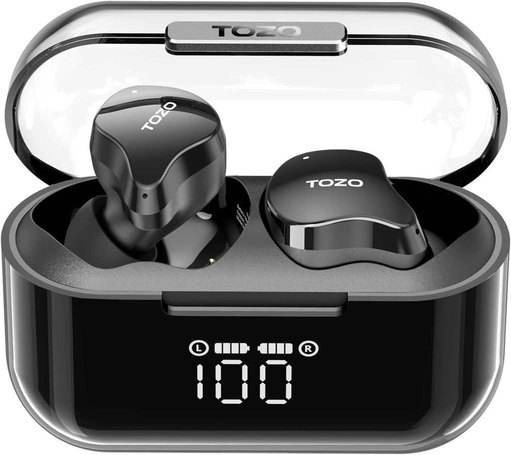 TOZO T18 Wireless Earbuds Bluetooth Kopfhörer 5.3, IPX8 wasserdicht Ohr Buds, 4 Mic Clear Call Long Playtime mit LED Digital Display Ladegehäuse, Stereo Bass Sound 32 Customized EQ über APP