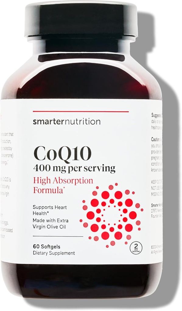 SMARTERNUTRITION CoQ10 400 mg Hohe Absorption - Natürlich gefruchtet Ubichinon w/Organic kaltgepresstes Olivenöl - für Herzgesundheit, Cellular Energy - Non-GMO, Glutenfrei - 60 Count[30-Day Supply]