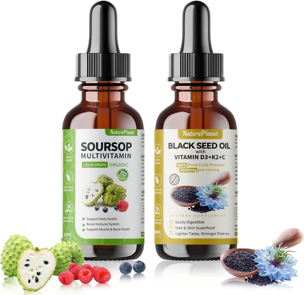 NaturePlanet Bio Soursop Bitter und schwarze Seed Öl Tropfen Bundles mit Vitaminen D3, K2, B6, C | Vegan, Non-GMO, Gluten-Free