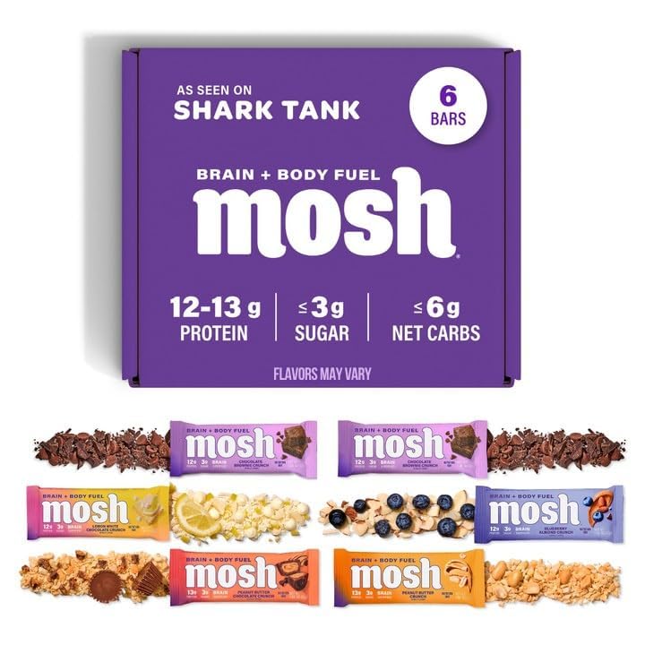 MOSH Variety Pack Keto Protein Bars, High Fiber, Low Carb, Glutenfrei, High Protein, Brain Gesunde Snack mit Ashwagandha, Lion's Mane, 6 Count