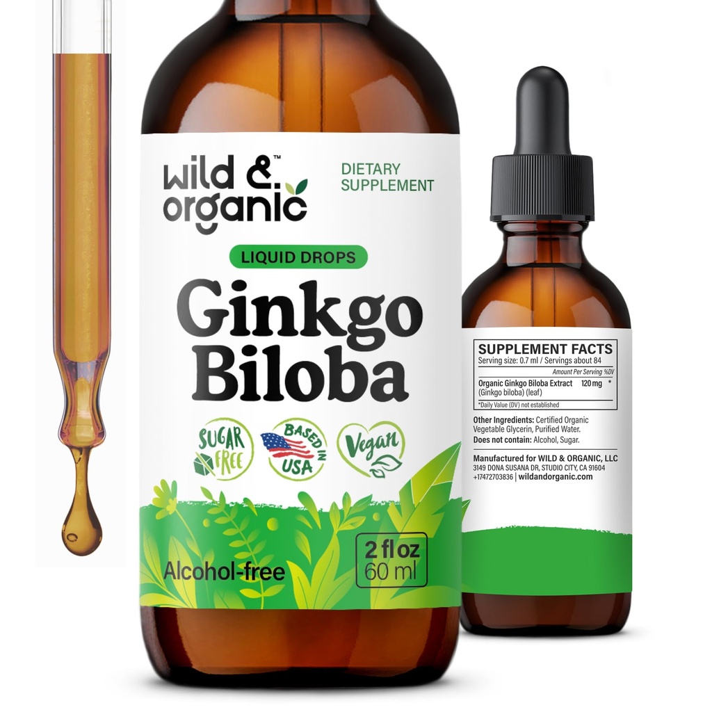 Wild & Organic Ginkgo Biloba Tincture - Brain & Focus Support mit Ginkgo Blatt-Ergänzung - Vegan, Zucker & Alkoholfreie Kräuterextrakt Tinkture - 2 fl oz