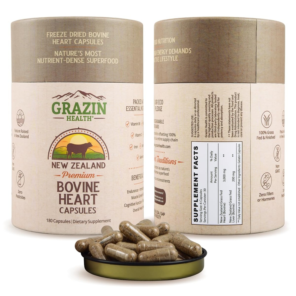 Gras-Fed Freeze-Dried Bovine Heart & Liver Kapseln 3000 mg pro Servieren | CoQ10, Eisen, Zink & B12 Ergänzung für natürliches Herz, Energie und Immununterstützung
