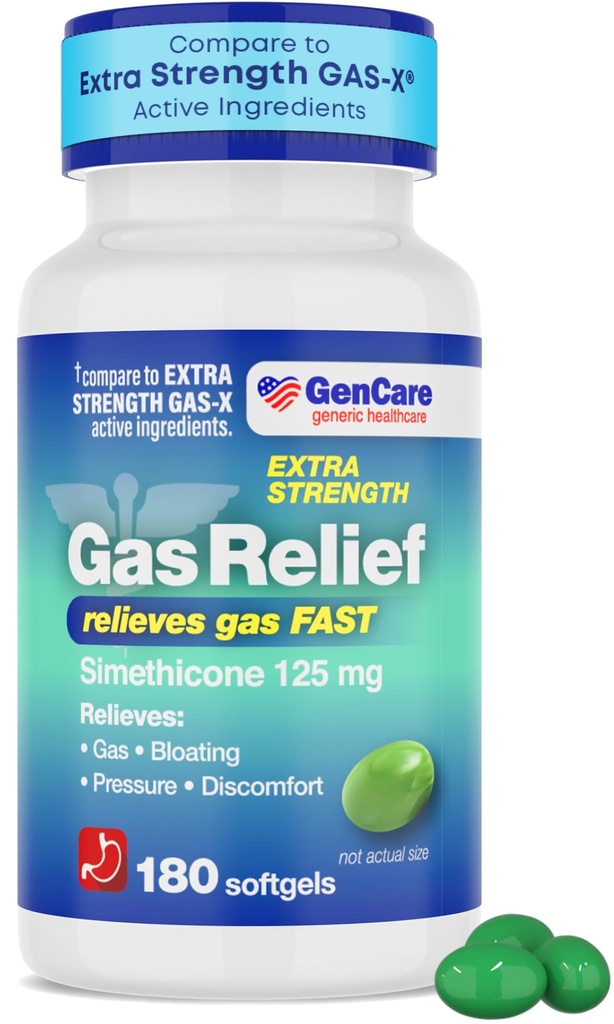 GenCare -Extra Strength Gas Relief Simethicone 125mg (180 Softgels) Maximale Stärke Anti-Gas Pillen für Bloating Relief, Druck & Discomfort - Vergleichen Sie mit Generisches Extra Strength Gas X