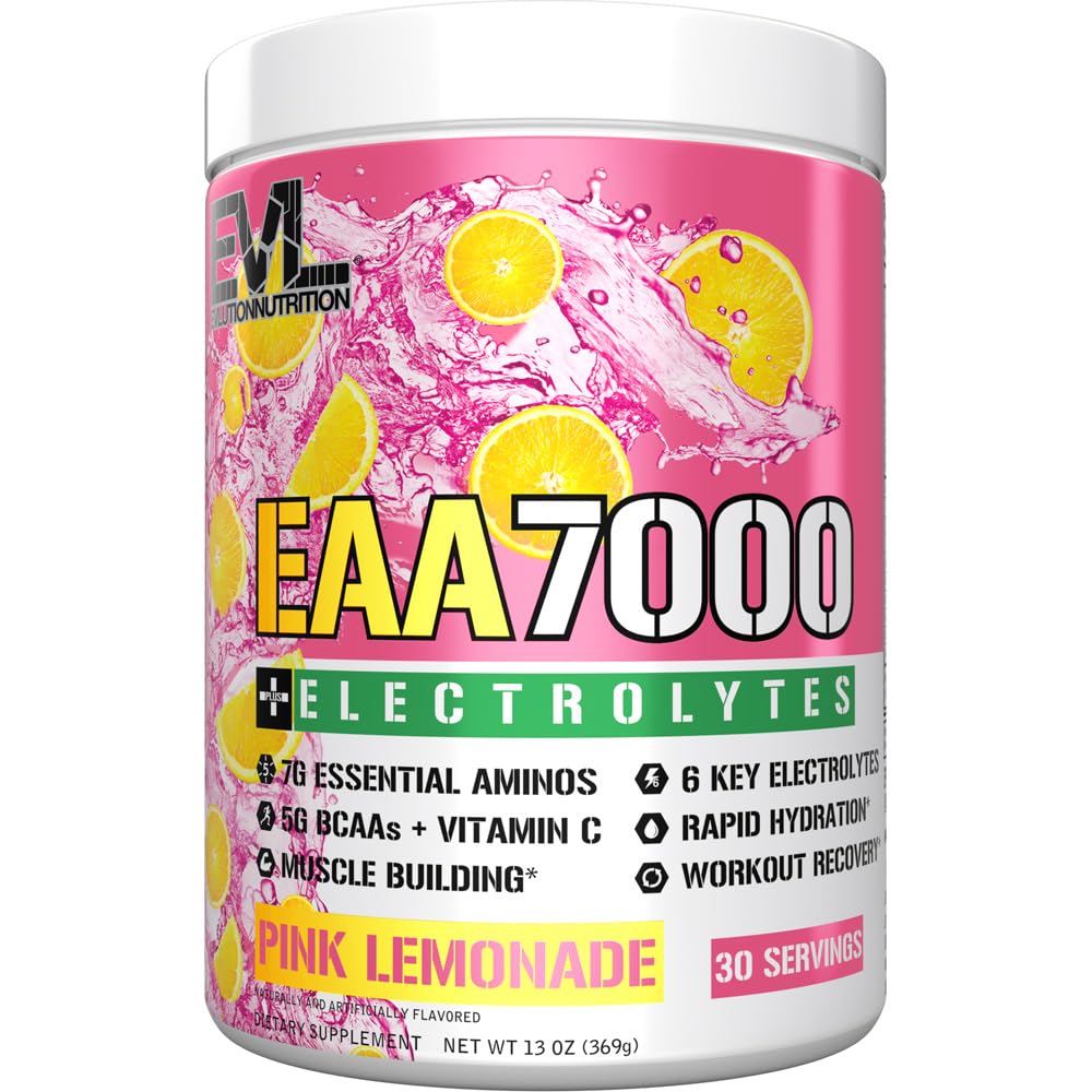 Evlution Nutrition EAA7000 + Elektrolyte - Pre & Post Workout Pulver - Muskelaufbau + Erholungsergänzung - 7g EAAs + 5g BCAAs + 6 Key Electrolytes - Schnelle Hydration - 30 Servietten - Pink Lemonade