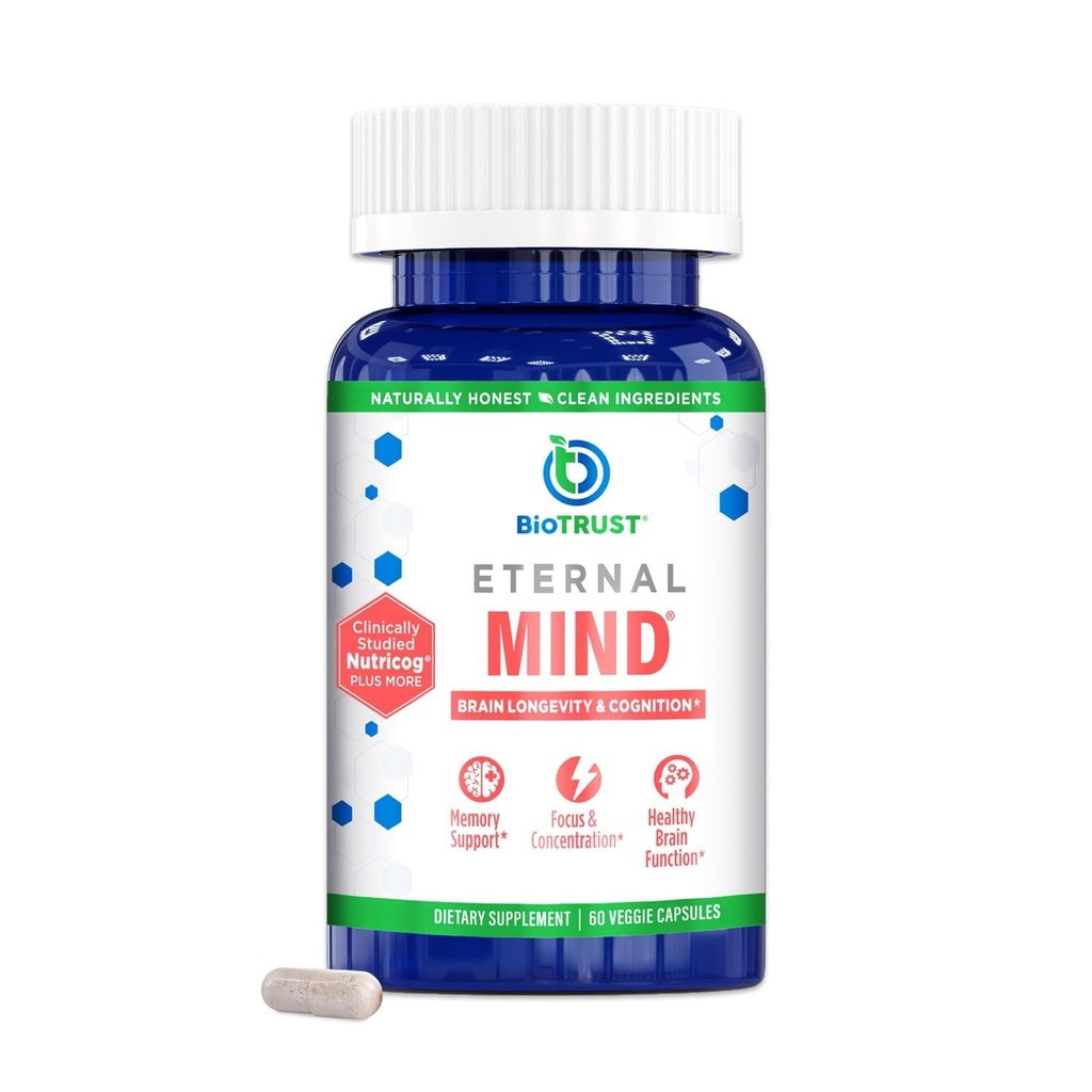BioTrust Eternal Mind Cerveau Suppléments pour la mémoire et le focus - Agilité mentale, rappel et concentration avec l'âge - Supplément cliniquement étudié pour la longévité et la cognition - 30 portions
