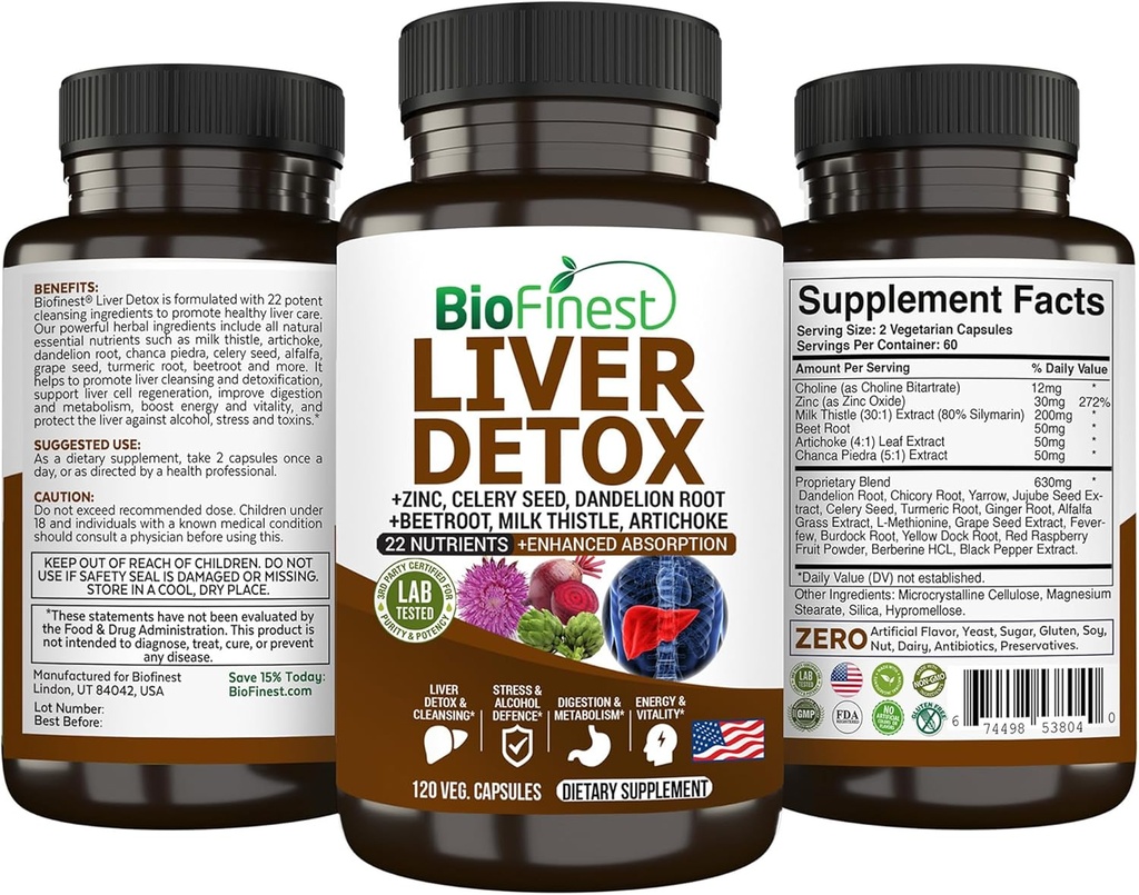 BioFinest Liver Detox Supplement - 22 Nährstoffe Milch Thistle Artichoke Celery Seed Chanca Piedra Beet Root Dandelion Turmeric Ginger - Alkohol Cleanse Energy Digestion Metabolism (120 Veg. Capsules)