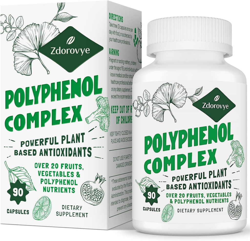 20-in-1 Polyphenole Ergänzung über 20 Früchte, Gemüse & Polyphenole, Leistungsstarke Antioxidantien, Quercetin, Resveratrol, Turmeric, Green Tea, Polyphenole für Alter Verteidigung, Energie & Immune, 90 Kapseln