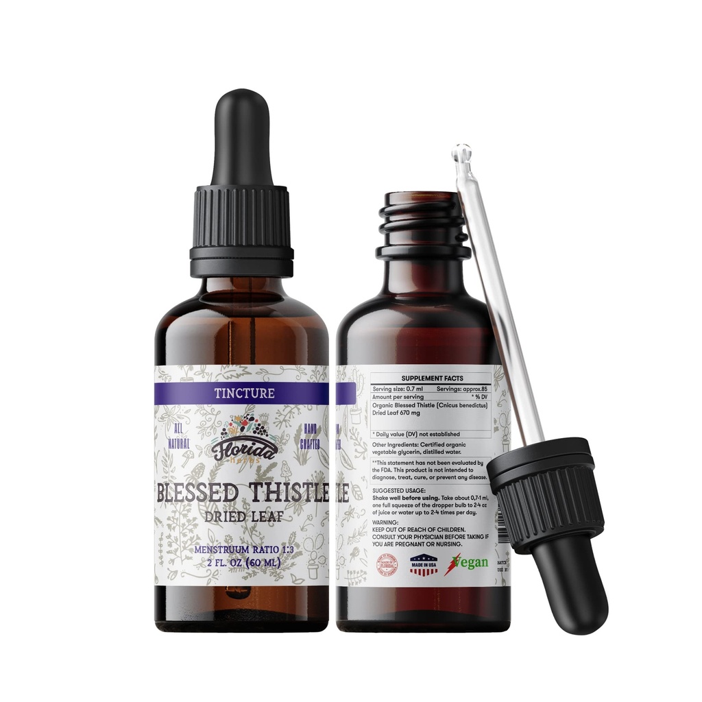 Teinture de chardon béni, Extrait de chardon béni biologique (Cnicus benedictus) Supplément à base de plantes, non-OGM dans Glycérine végétale biologique pressée à froid, 700 mg, 2 oz (60 ml)