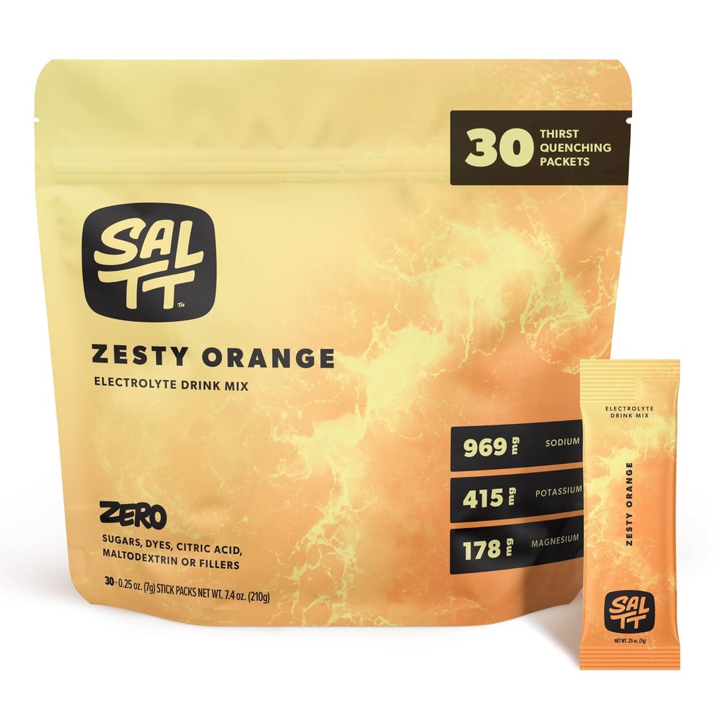 SALTT Electrolytes en poudre Mélange de boissons aromatisées - Zesty Orange - 30 Packets d'hydratation - Magnésium, Potassium, Sodium, Trace Minerals - Zéro sucre et sans gluten - Essentiels de voyage