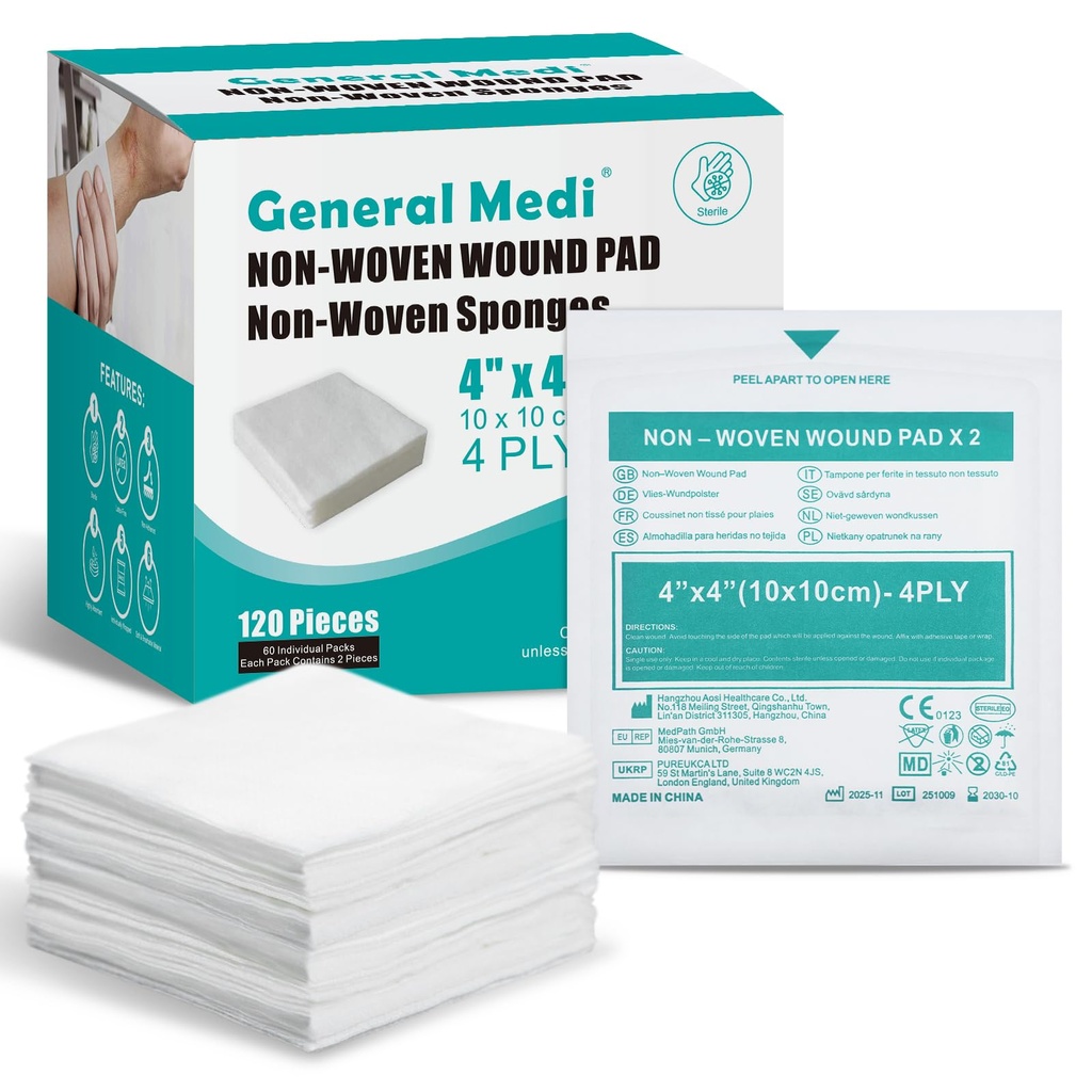 Allgemeines Medi Sterile Gauze Sponges, 4" x 4" Non-Woven Wound Pads - Individuell Wrapped Highly Absorbent Sponges Pads für Cushioning Minor Wounds, Cuts & Burns Wound Care (60 Packs, 120 Stück insgesamt)
