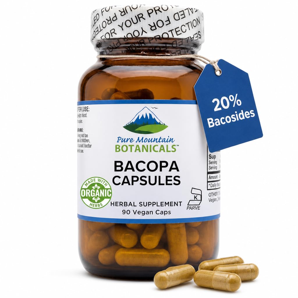 Pure Mountain Botanicals Bacopa Monnieri Kapseln - Vegan Caps mit Bio Bacopa & Standardisierte Bacopa Extract Supplement