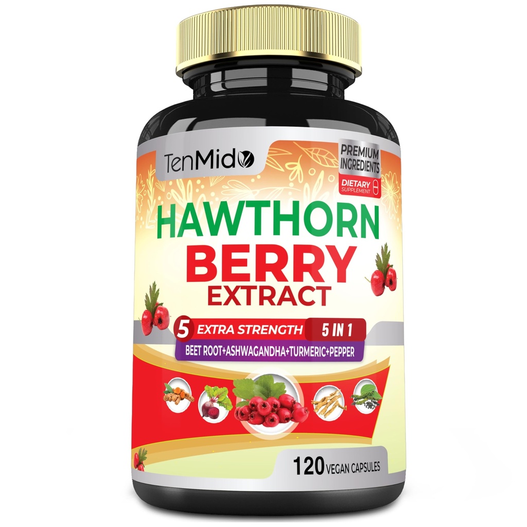 Hawthorn Berry Supplement Extract Capsules - 120 Capsules Vegan pendant 4 mois - Ensemble de racines de betterave, Ashwagandha, Curcumine et poivre noir