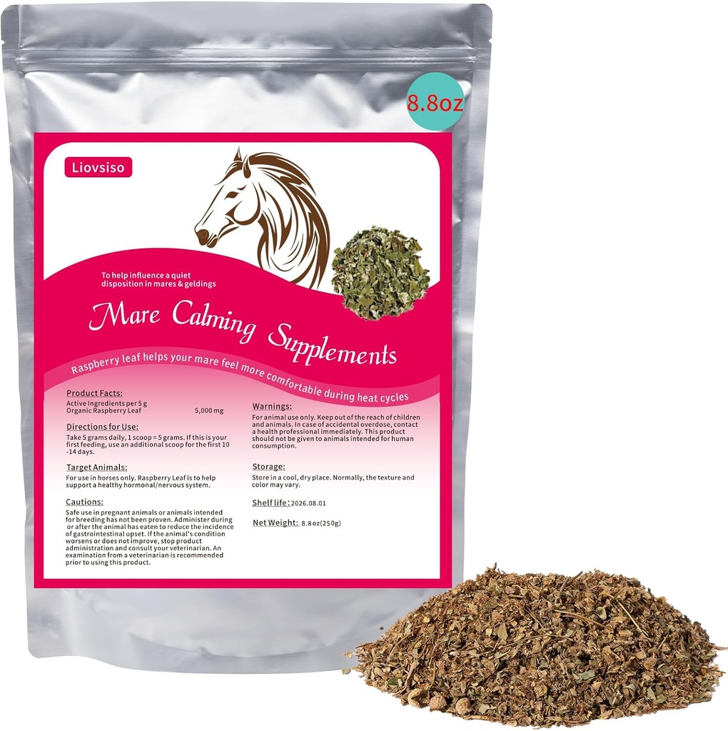 Supplément calmant de 8.8 oz Cheval - Natural Raspberry Leaf Eases Anxiété et malaise à Moody Mares, Calme pendant les cycles de chaleur - Convient aussi aux gels