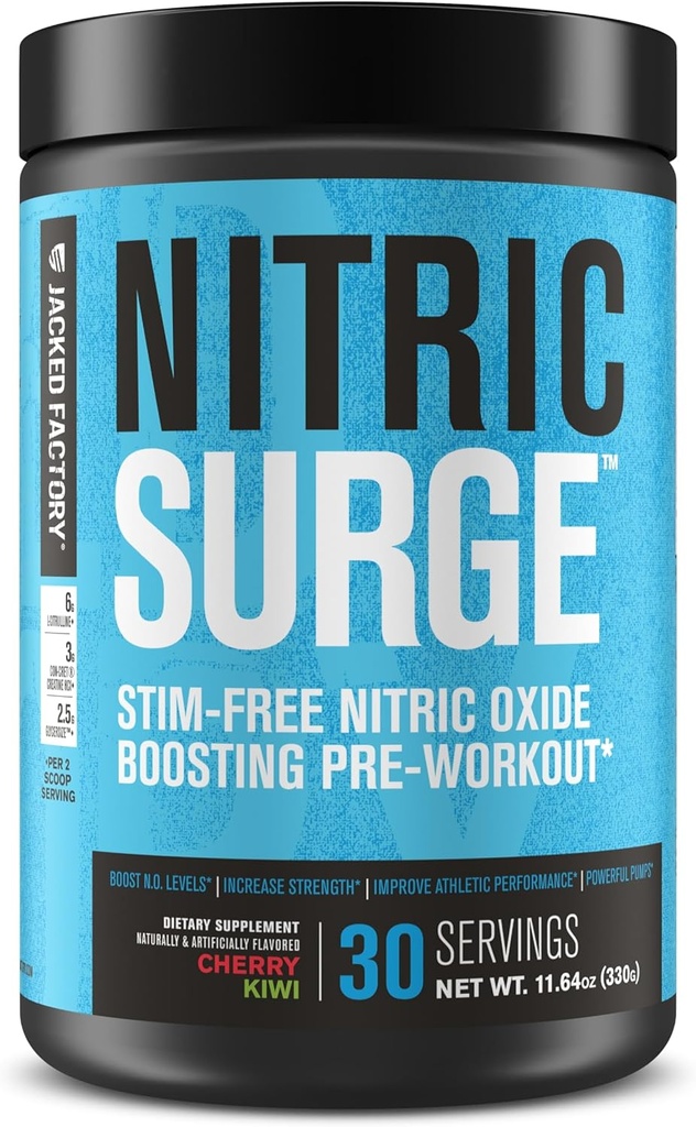Jacked Factory Nitric Surge Stim Free Pre Workout Powder - Caffeine-Free Nitric Oxid Supplement w/Con-Cret Creatine, L Citrulline, & GlycerSize Glycerol - Cherry Kiwi, 30 Servierungen