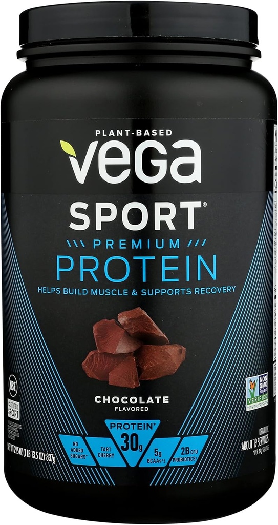 Vega Sport poudre de protéines premium, chocolat, végétalien, 30g de protéines végétales, 5g BCAAs, faible teneur en glucides, sans sucre, kéto, sans produits laitiers, sans gluten et sans OGM, protéines de pois pour les femmes et les hommes, 29,5 Oz