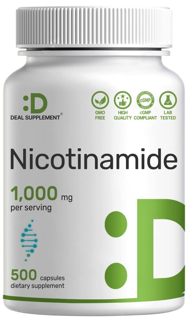 Vitamin B3 Nicotinamid 1000mg pro Servierung – 500 Kapseln, Flösh Free Niacin, Essential B3 – Unterstützt gesunde Haut- und Energieproduktion – Non-GMO