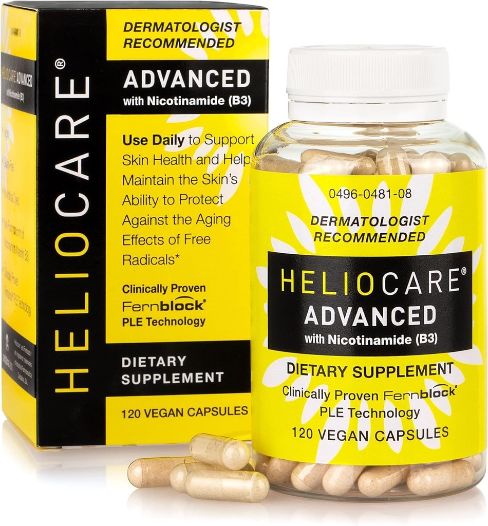 He-lioc-a-re Adv-ANC-ed Niacine B3 Supplément: Fernblock PLE Extract 240mg par service - soutient la santé des cellules de la peau W/antioxydant riche vitamine B3 Niacine 500 mg - 120 capsules véganes