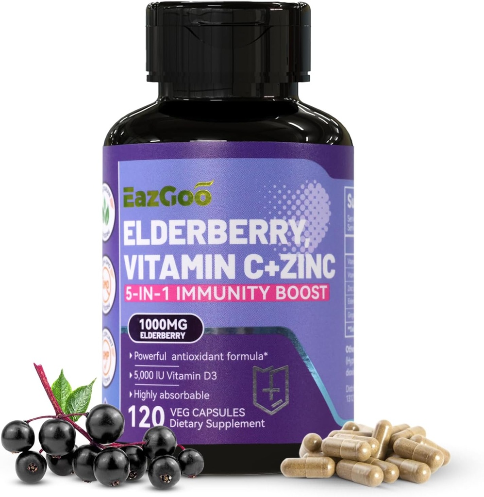 Sambucus Elderberry mit Zink & Vitamin C - 5 in 1 Immununterstützungsergänzung, Non-GMO, 120 Vegetarische Kapseln, 2 Monate Versorgung
