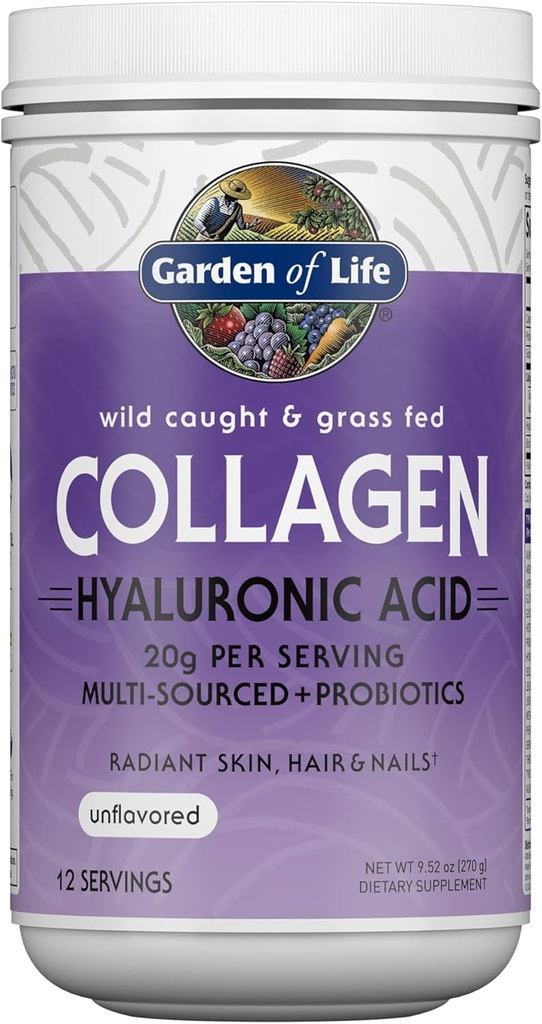 Garden of Life Marine & Grass-Fed Collagen Peptides Powder Supplement (Type I, III) with Probiotics, BCAAs & Hyaluronic Acid for Radiant Hair, Skin & Nails – Unflavored, 20g per Serving, 12 Servings