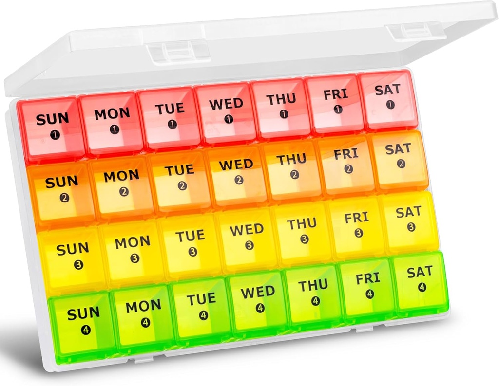 Grand organisateur mensuel de pilules, XL 4 semaines Pill Box,28 jours Pill Cases Organized par semaine, Grand conteneur de pilules de compartiment avec la poussière-proof, pour les pilules/vitamine/huile de poisson/Supplements, par Yaklim (ROYG)