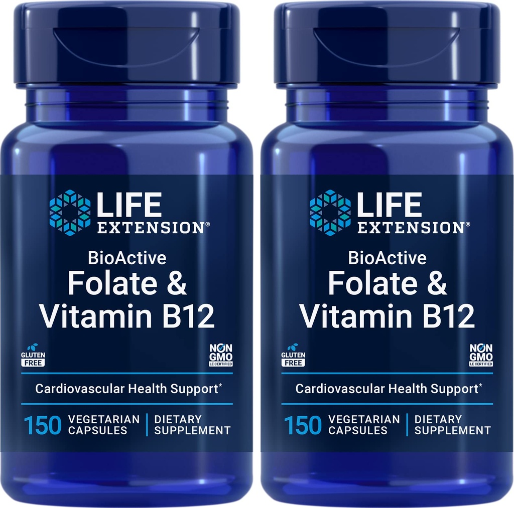Life Extension BioActive Folate & Vitamin B12, 150 Vegetarische Kapseln (Pack von 2), Non GMO, Glutenfrei