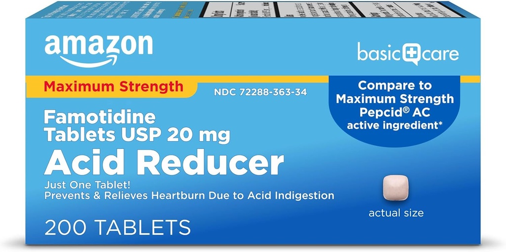Amazon Basic Care Maximum Strength Famotidine Tablets 20 mg, Acid Reducer Pills for Heartburn Relief, 200 Count (Packaging may vary)