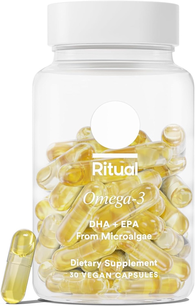 Omega rituel 3 - Végétalien - Dose scientifique des acides gras du DHA et de l'EPA en rapport 2:1, biodisponible, soutien de la santé du cerveau et du coeur, bourrelet minimal, microalgues d'origine durable, approvisionnement de 30 jours