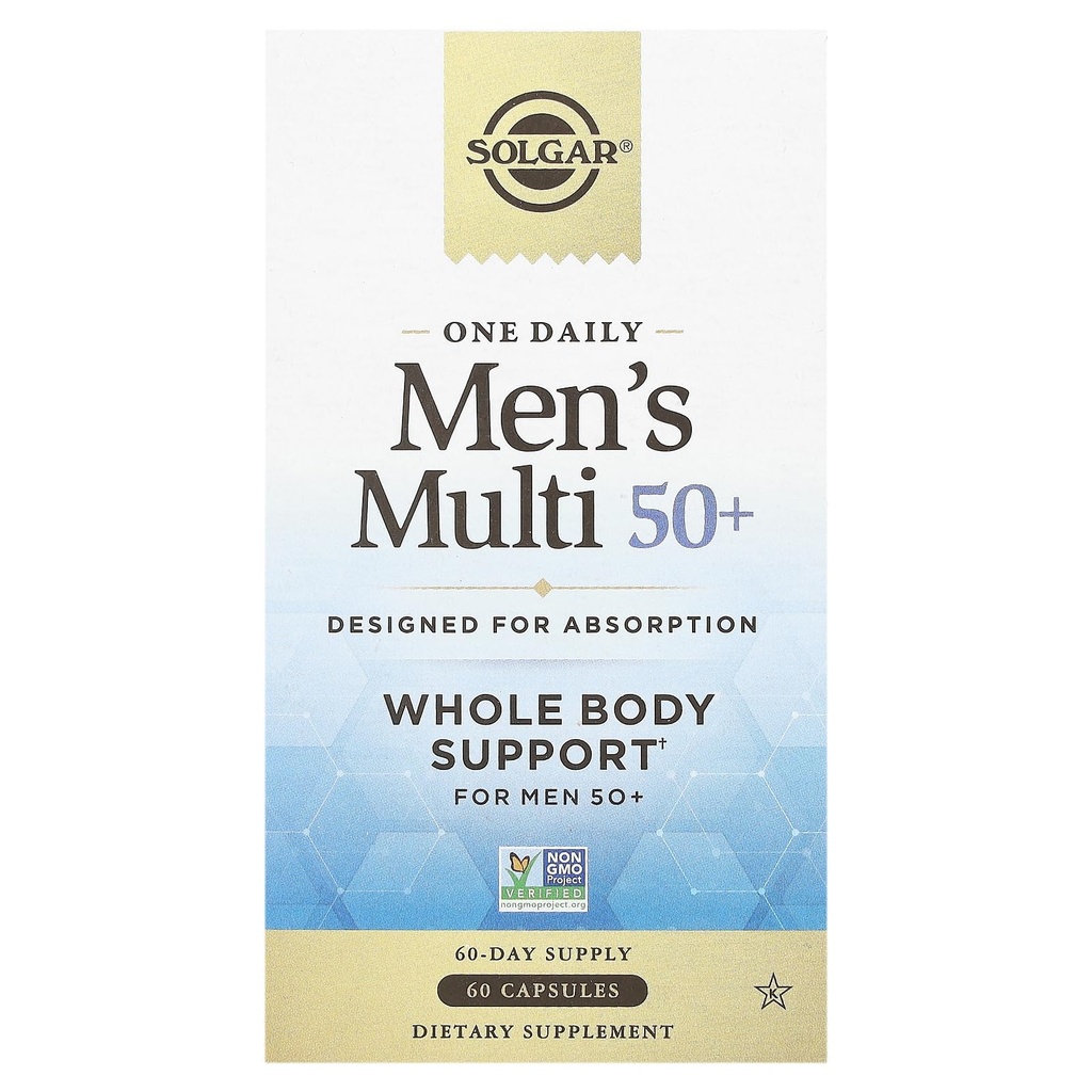 Solgar One Daily Men's Multi 50+ Ganzkörper-Unterstützung für Männer 50 und älter Highly Absorbable Delayed Release Herz, Energie, Stress, Muskel, Knochen, Prostata-Unterstützung Vitamin 60 Vegan Kapseln, 60 Portionen