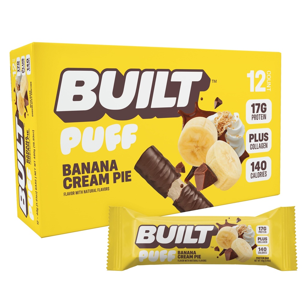 Erbaute Bar, Puff Protein Bars, Banana Cream Pie Puff, 17g Protein Snacks, On-The-Go Bars, Nur 140 Kalorien, 6g Zucker, Kollagen, Glutenfrei, 12 Zähler