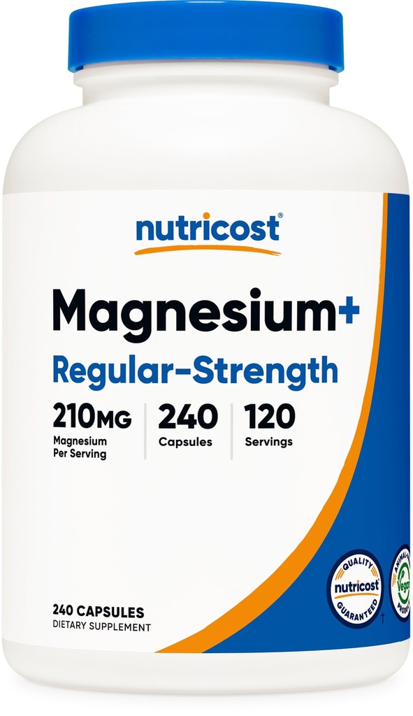 Nutricost Magnésium+ Force régulière (210mg, 240 capsules) - 120 portions, faites avec du glycinate de magnésium et de l'oxyde, non OGM, sans gluten et respectueux des végétaux