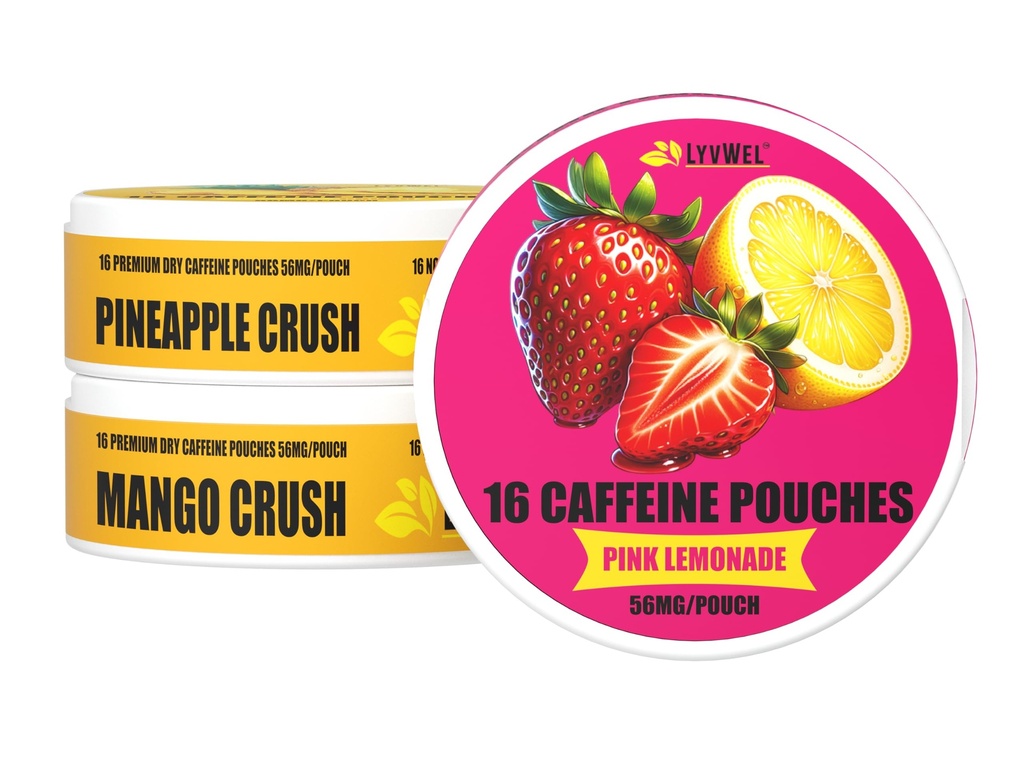LyvWel 56mg Caffeine Energy Pouches – Pink Lemonade, Ananas Crush, Mango Crush – Fruity Clean Energy & Focus Boost mit Guarana – 3-Pack Sampler (48 Total Pouches)