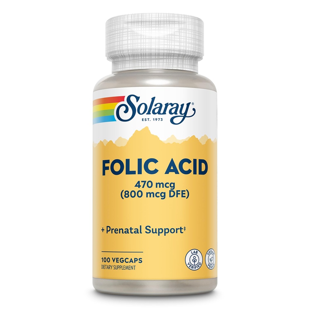 Acide folique SOLARAY - supplément d'acide folique de vitamine B9, vitamine prénatale - soutien au développement des cellules sanguines - végétalien, laboratoire vérifié, garantie de 60 jours - 100 portions, 100 VegCaps