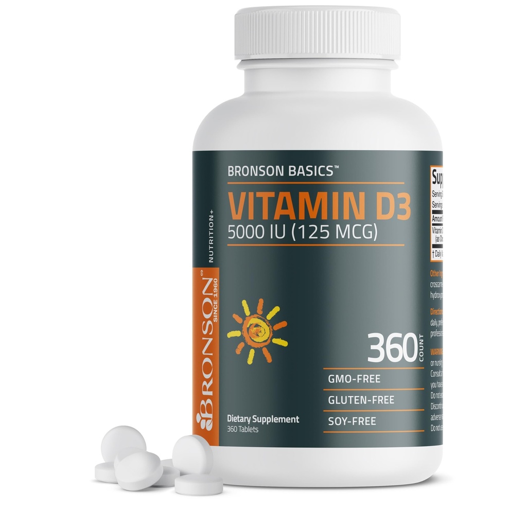 Bronson Vitamine D3 5000iu (125mcg) 1 an pour une fonction musculaire saine et un soutien immunitaire, non-OGM, 360 comprimés