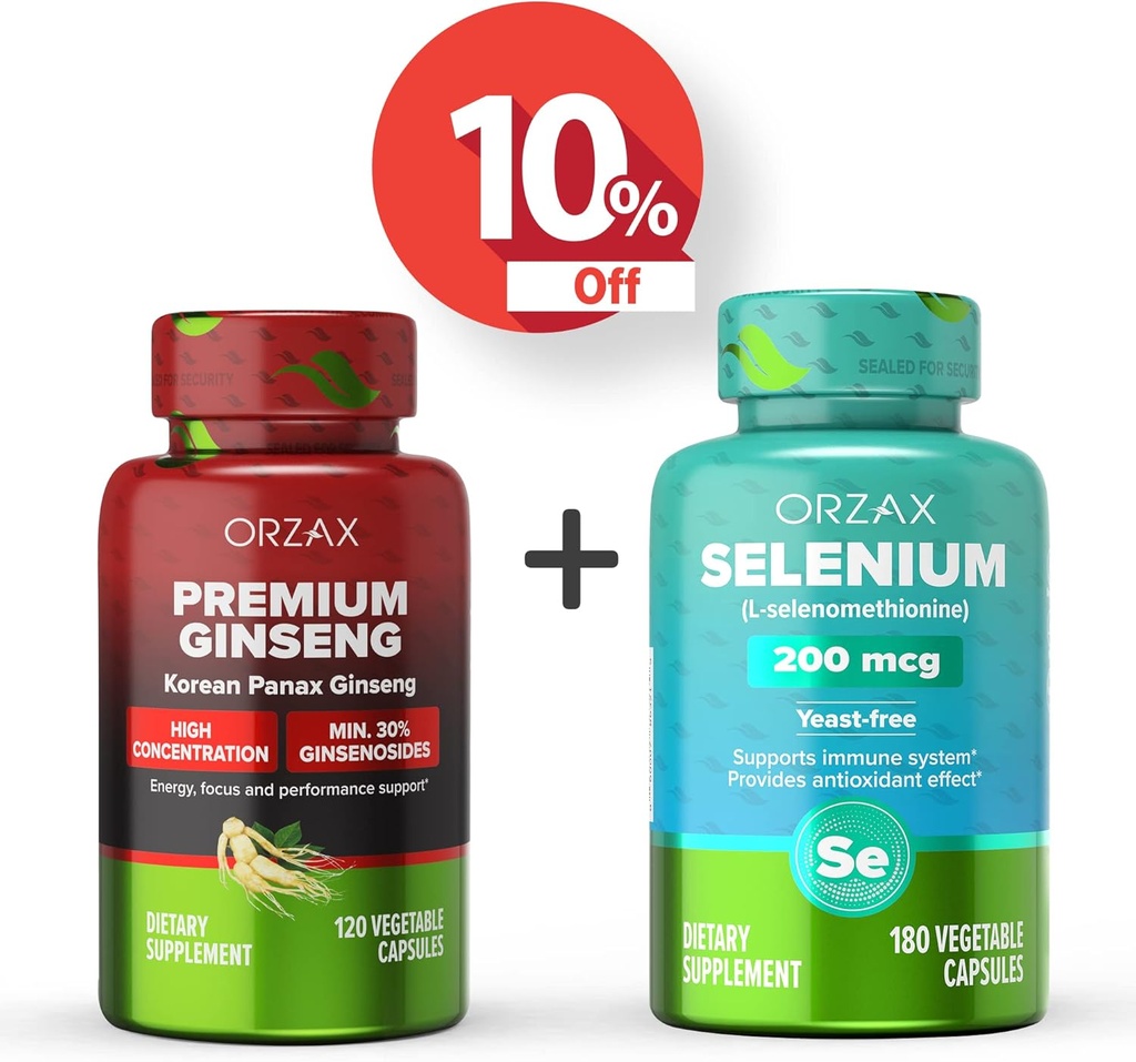 ORZAX Premium Ginseng 120 Capsules Vegatable et Sélénium 200 Mg 180 Capsules Vegatable, ensemble