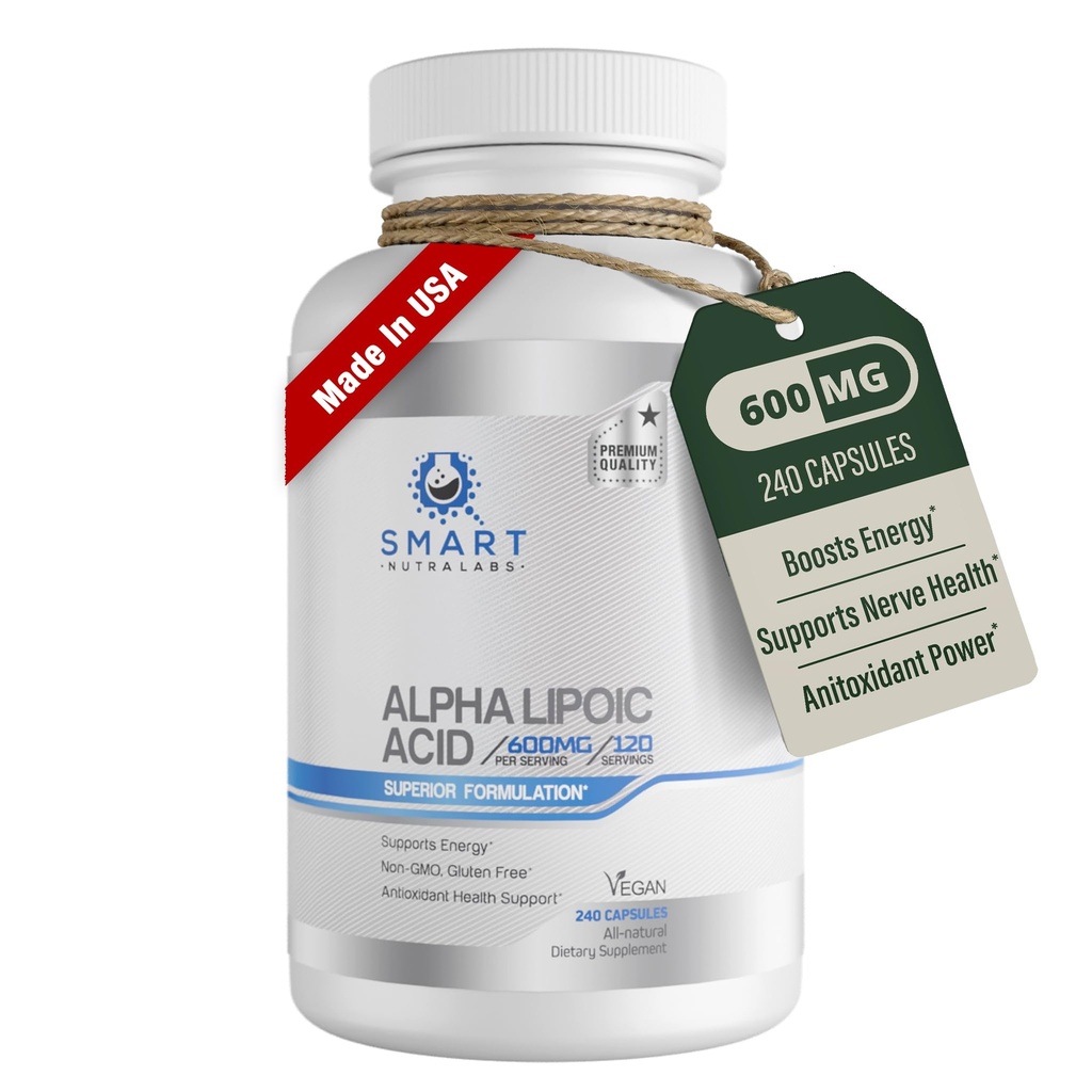 Alpha acide lipoïque 600mg par portion, 240 Capsules Vegan- sans gluten, pur non-OGM ALA- soutient l'énergie et anti-oxydant