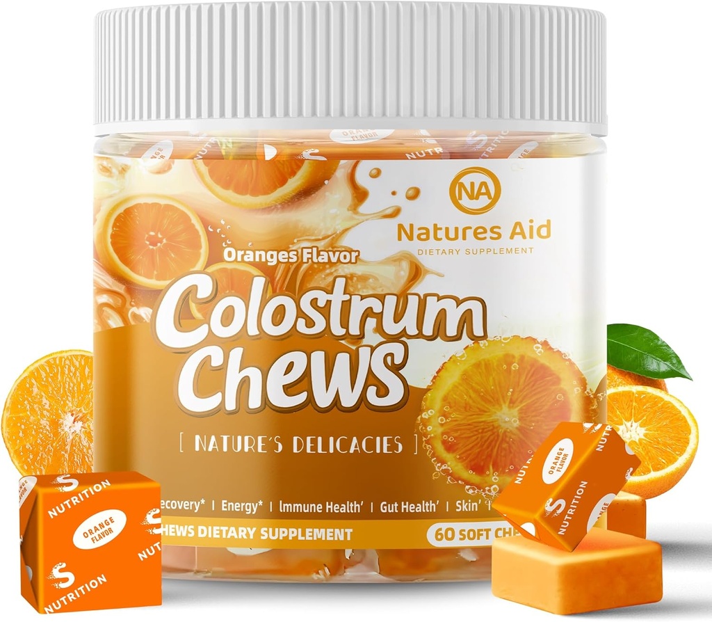 Colostrum Chews Supplement mit Probiotika für Gut Health, Bloating, Immununterstützung, Haut, Haarwachstum und Schönheit - Orange Flavor (60 Servierungen)