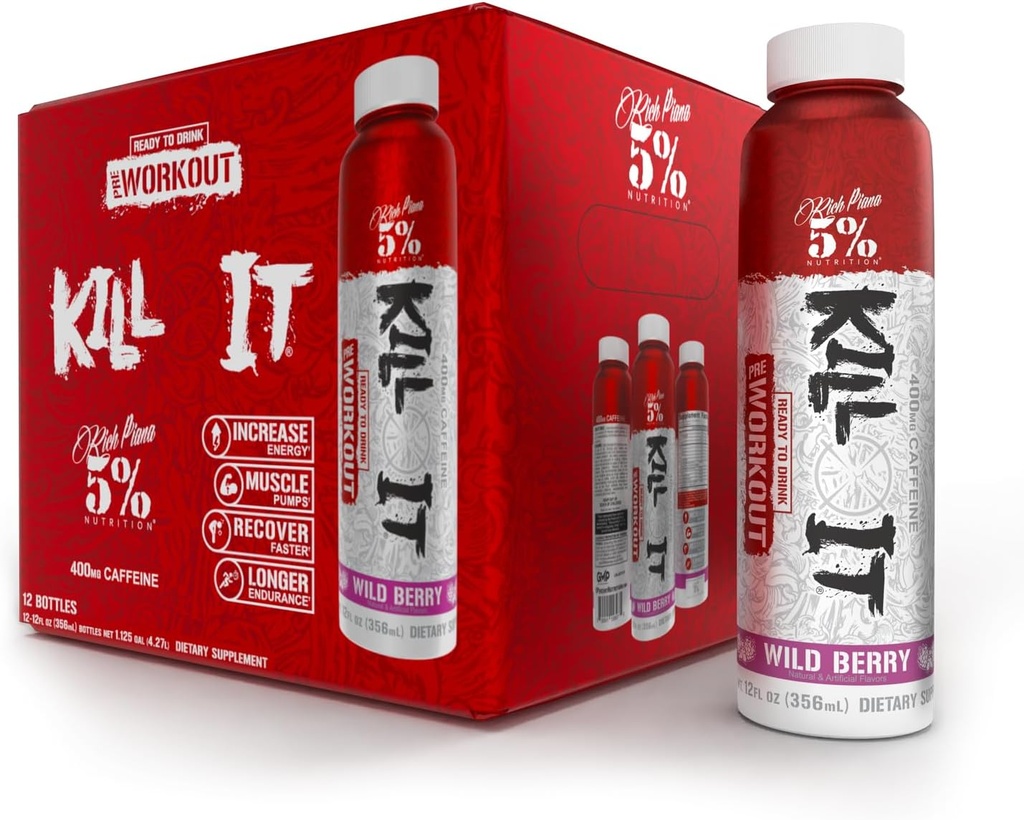 5% Nutrition Kill It Ready-to-Drink High Stim Pre Workout | 400mg Koffein Energy Drink | Extreme Pump, Endurance, Focus & Hydration | Citrulline, Beta Alanine, Taurine | 12 Pack (Wild Berry)
