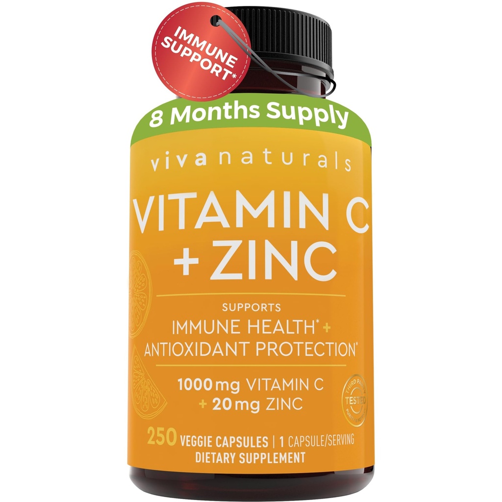 Viva Naturals Suppléments de vitamine C et de zinc 1000mg - Zinc 20mg (250 capsules de légumes) - Haute puissance et vitamine C avec du zinc pour le soutien immunitaire - Non-OGM, sans gluten (8 mois d'approvisionnement)