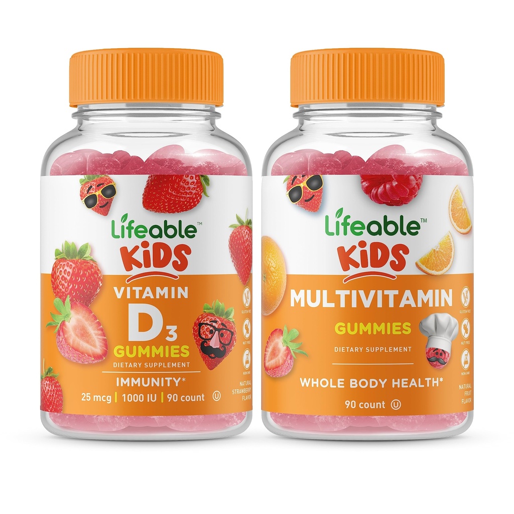 Vitamine D vieable pour enfants + multivitamine pour enfants, Gommies - Grande dégustation, supplément de vitamine, sans gluten, sans OGM, gommy à croquer