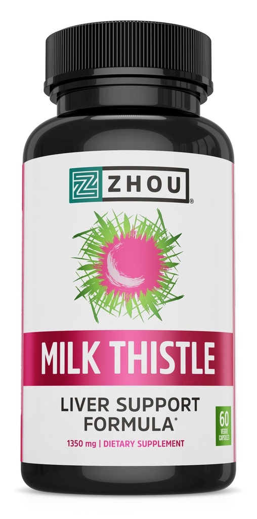 Zhou Milk Thistle - Lebergesundheitsergänzung, Silymarin Milk Thistle Extract & Powder für Herren & Frauen, Kräuterreiniger-Unterstützung, Metabolische Gesundheit - 60 Vegetarische Kapseln